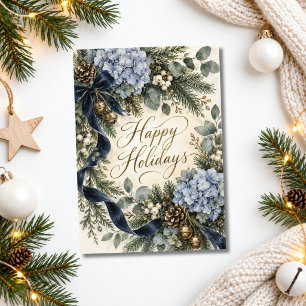 Blue Hydrangea Vintage Botanical Elegant Holiday Card