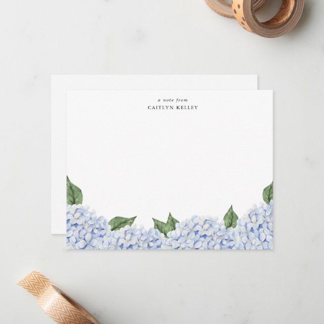 Blue Hydrangea Watercolor Border, Personalised Card (Front/Back In Situ)