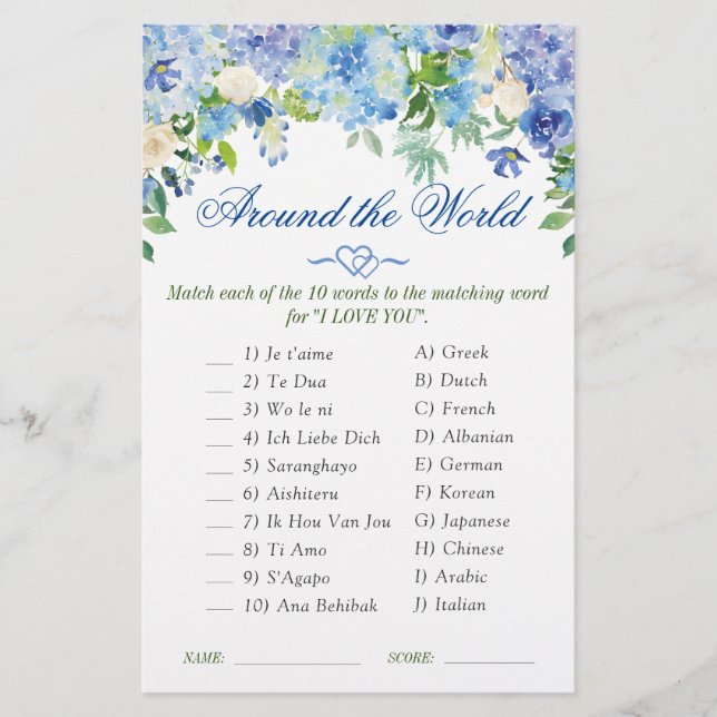 Blue Hydrangea Watercolor Bridal Shower Game (Front)