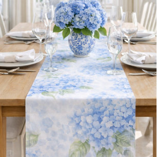 Blue Hydrangea Watercolor Coastal Table Runner