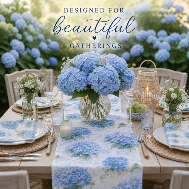 Blue Hydrangea Watercolor Coastal Table Runner (Elegant blue hydrangea table decor designed for beautiful gatherings and coastal entertaining.)