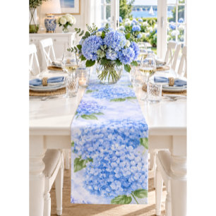 Blue Hydrangea Watercolor Coastal Table Runner