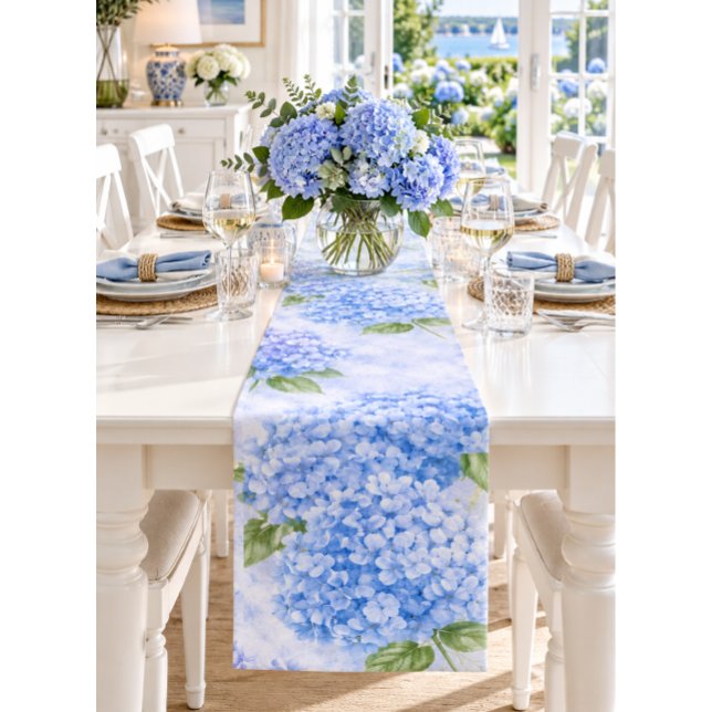 Blue Hydrangea Watercolor Coastal Table Runner (Blue hydrangea table runner for elegant entertaining, garden parties and floral table styling.)