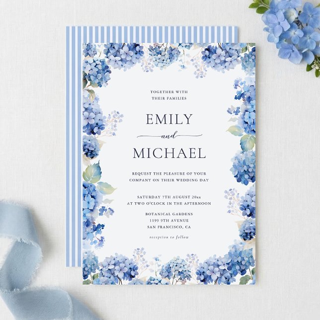Blue Hydrangea Watercolor Coastal Wedding Invitation (Creator Uploaded)