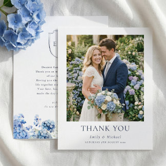 Blue Hydrangea Watercolor Coastal Wedding Thank You Card