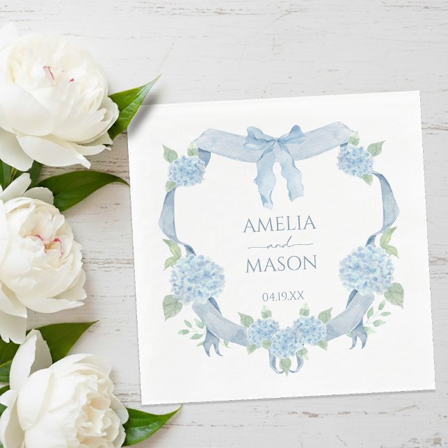 Blue Hydrangea Watercolor Crest Paper Wedding Napkin (Blue Hydrangea Watercolor Crest Paper Wedding Napkins)