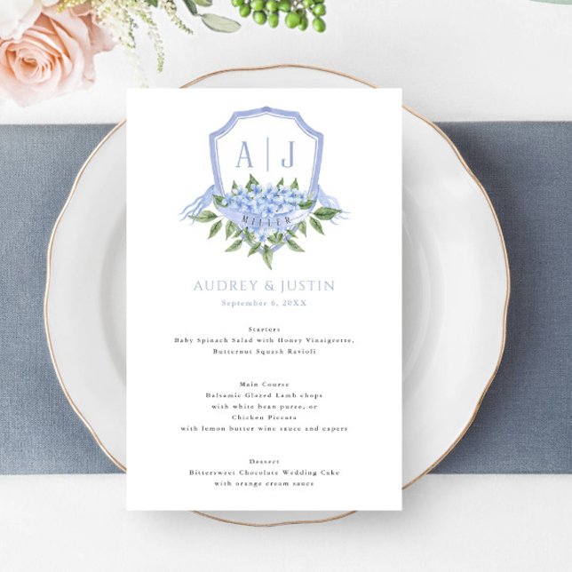 Blue Hydrangea Watercolor Crest Wedding Paper Menu (Creator Uploaded)