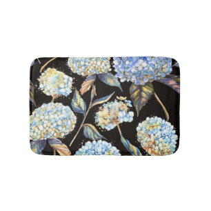 Blue Hydrangea Watercolor: Dark Seamless Pattern Bath Mat