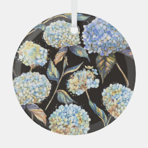 Blue Hydrangea Watercolor: Dark Seamless Pattern Glass Tree Decoration