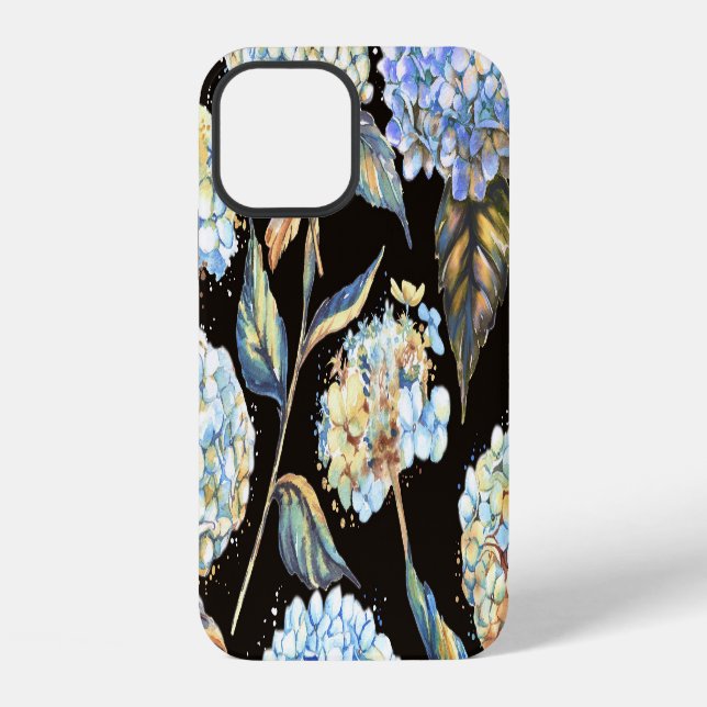 Blue Hydrangea Watercolor: Dark Seamless Pattern iPhone Case (Back)