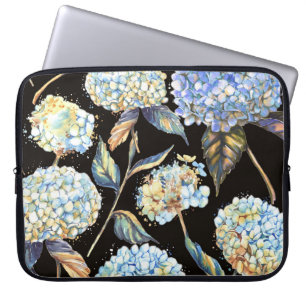 Blue Hydrangea Watercolor: Dark Seamless Pattern Laptop Sleeve