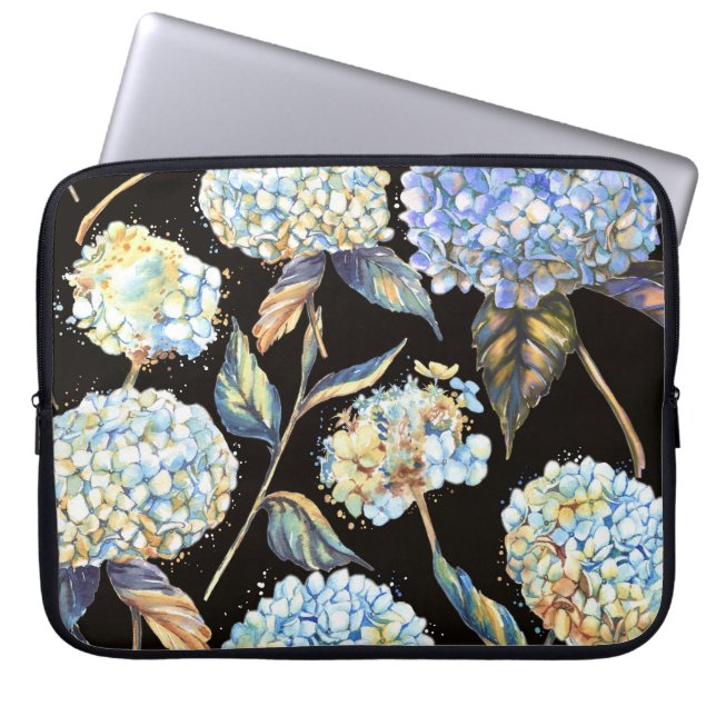 Blue Hydrangea Watercolor: Dark Seamless Pattern Laptop Sleeve (Front)