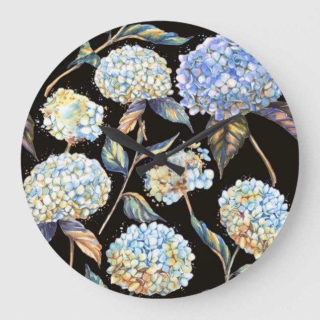 Blue Hydrangea Watercolor: Dark Seamless Pattern Large Clock (Front)