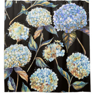 Blue Hydrangea Watercolor: Dark Seamless Pattern Shower Curtain