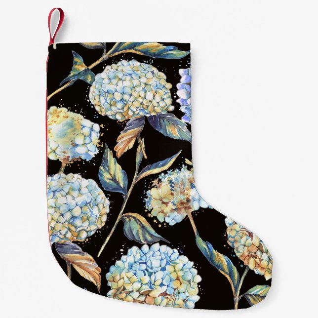 Blue Hydrangea Watercolor: Dark Seamless Pattern Small Christmas Stocking (Front)