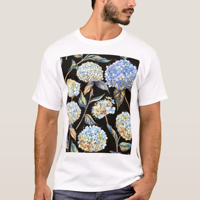 Blue Hydrangea Watercolor: Dark Seamless Pattern T-Shirt (Front)