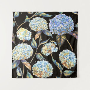 Blue Hydrangea Watercolor: Dark Seamless Pattern Tapestry