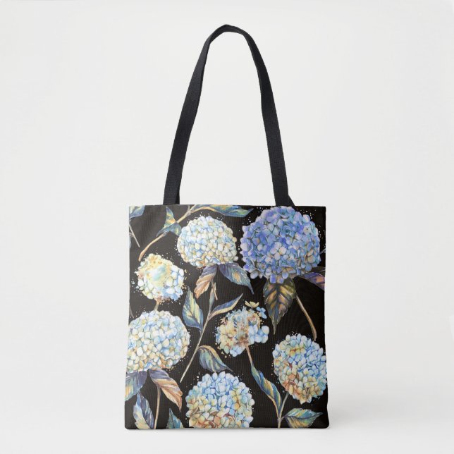 Blue Hydrangea Watercolor: Dark Seamless Pattern Tote Bag (Front)