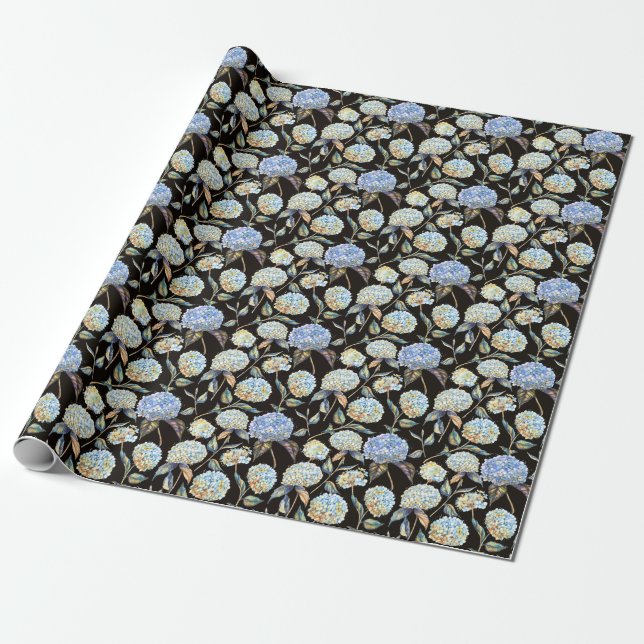 Blue Hydrangea Watercolor: Dark Seamless Pattern Wrapping Paper (Unrolled)