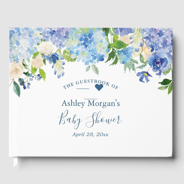 Blue Hydrangea Watercolor Floral Baby Shower Guest Book (Front)