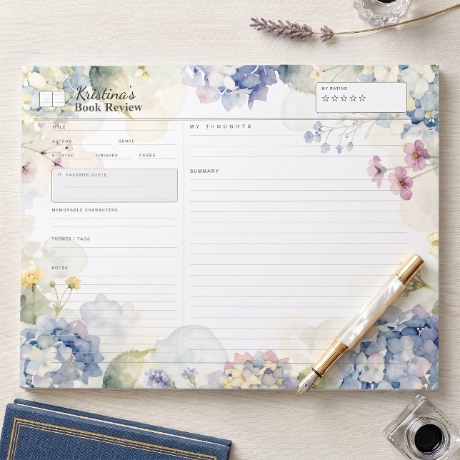 Blue Hydrangea Watercolor Floral Book Review  Notepad (Creator Uploaded)