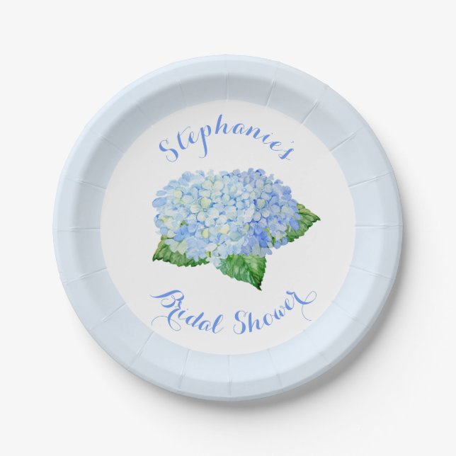 Blue Hydrangea Watercolor Floral Bridal Shower Paper Plate (Front)