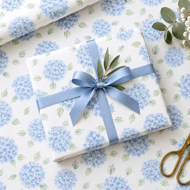 Blue Hydrangea Watercolor Floral BridalShower Gift Wrapping Paper (Creator Uploaded)