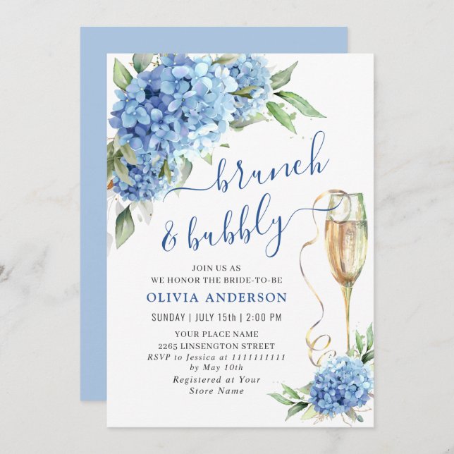 Blue Hydrangea Watercolor Floral Brunch and Bubbly Invitation (Front/Back)