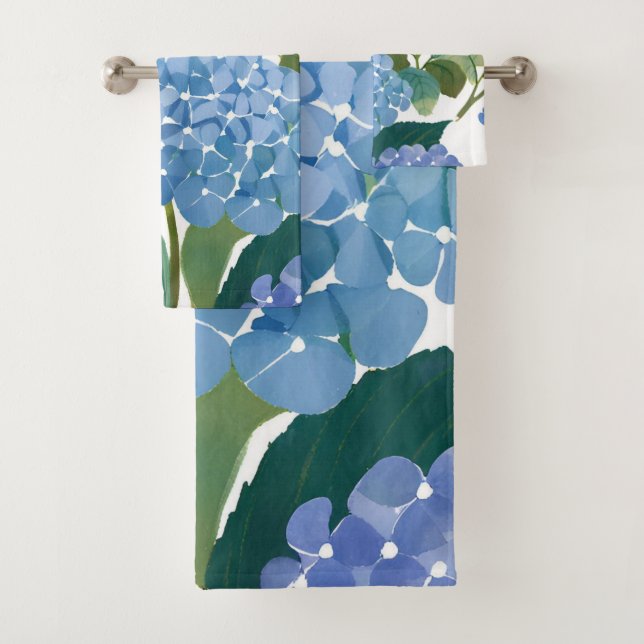 Blue Hydrangea Watercolor Floral Coastal Bath Towel Set (Insitu)