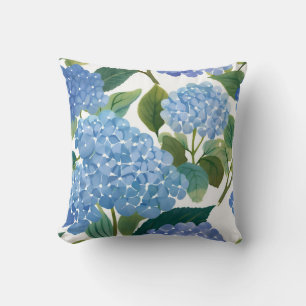 Blue Hydrangea Watercolor Floral Coastal Cushion