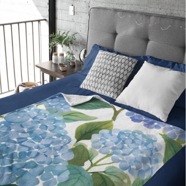 Blue Hydrangea Watercolor Floral Coastal Fleece Blanket (Creator Uploaded)