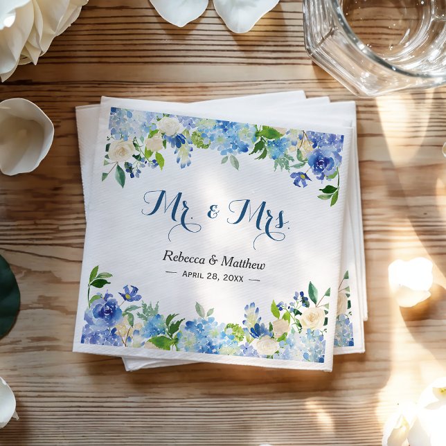 Blue Hydrangea Watercolor Floral Mr & Mrs Wedding Napkin (Creator Uploaded)