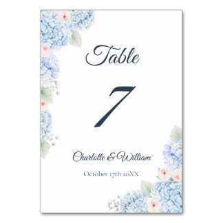 Blue Hydrangea Watercolor Floral Table Number