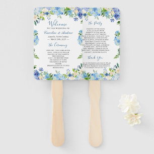 Blue Hydrangea Watercolor Floral Wedding Program Hand Fan