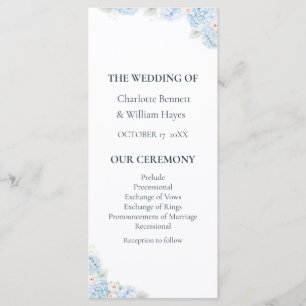 Blue Hydrangea Watercolor Floral Wedding Program Programme