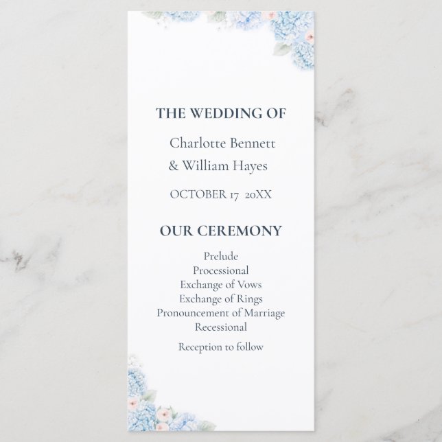 Blue Hydrangea Watercolor Floral Wedding Program Programme (Front)