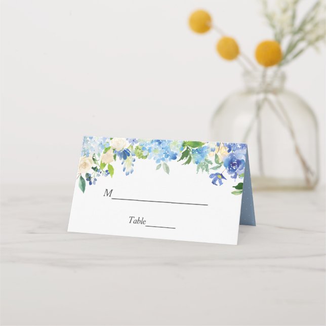 Blue Hydrangea Watercolor Floral Wedding Table Place Card (Front)