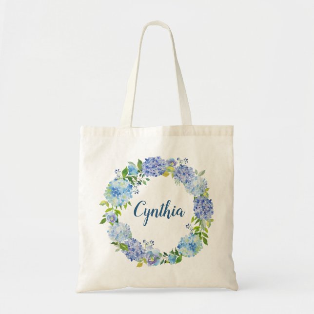 Blue Hydrangea Watercolor Floral Wreath Bridesmaid Tote Bag (Front)