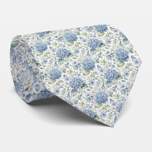 Blue Hydrangea Watercolor Florals Wedding Groom Tie