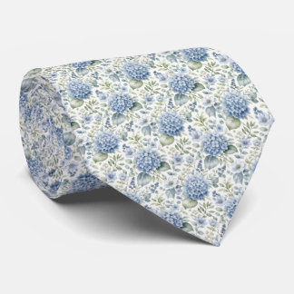 Blue Hydrangea Watercolor Florals Wedding Groom  Tie