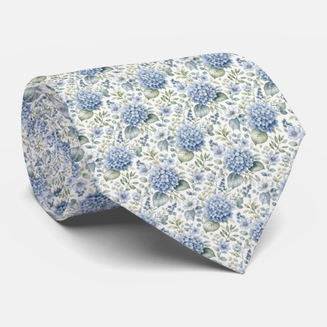 Blue Hydrangea Watercolor Florals Wedding Groom  Tie (Rolled)