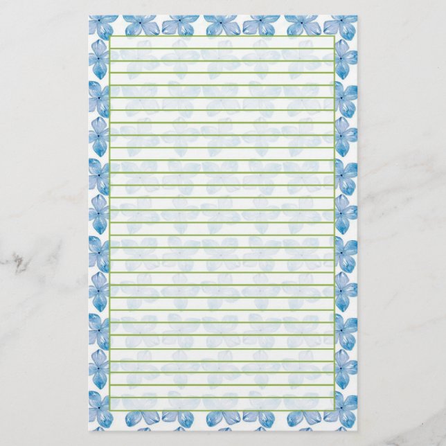 Blue Hydrangea Watercolor Flowers Lined Stationery (Front)