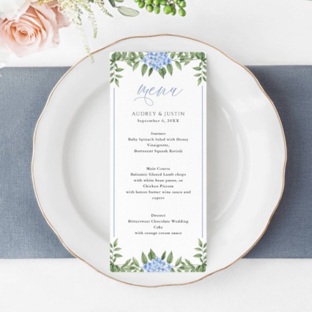 Blue Hydrangea Watercolor Flowers Wedding Menu (Creator Uploaded)
