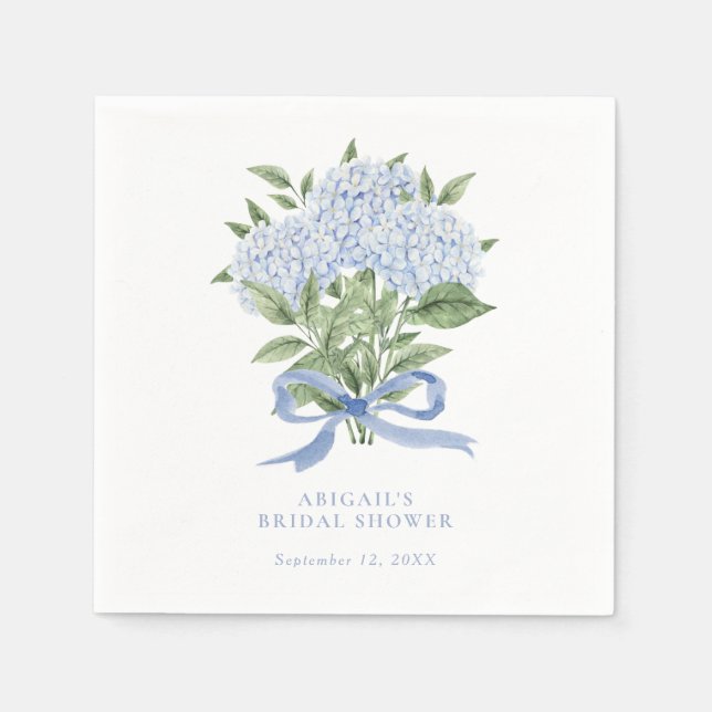 Blue Hydrangea Watercolor Flowers with Bow Napkin (Front)