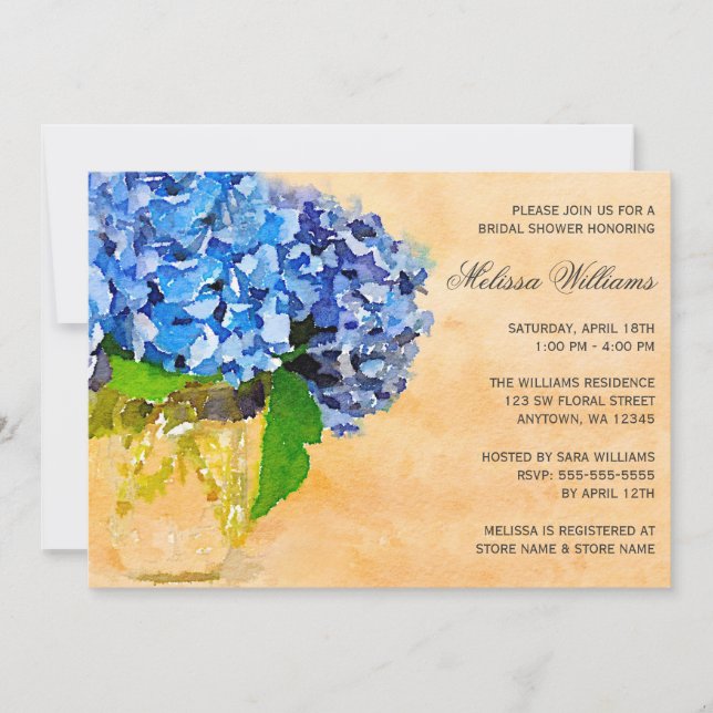 Blue Hydrangea Watercolor Mason Jar Bridal Shower Invitation (Front)