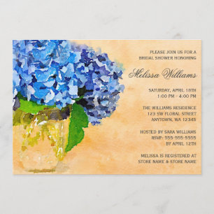 Blue Hydrangea Watercolor Mason Jar Bridal Shower Invitation