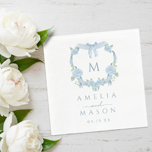 Blue Hydrangea Watercolor Monogram Crest Wedding Napkin