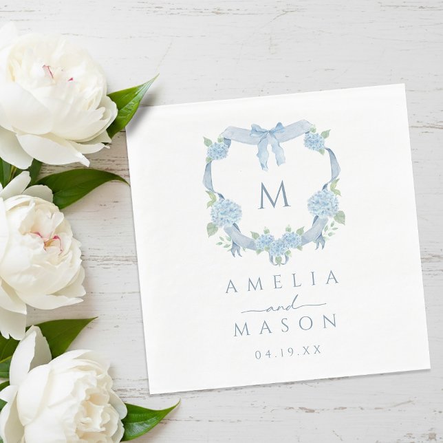 Blue Hydrangea Watercolor Monogram Crest Wedding Napkin (Blue Hydrangea Watercolor Monogram Crest Wedding Napkins)