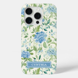 Blue Hydrangea Watercolor Monogrammed iPhone 15 Pro Case
