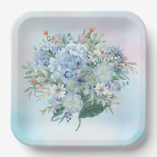 Blue Hydrangea Watercolor Paper Plate (Front)